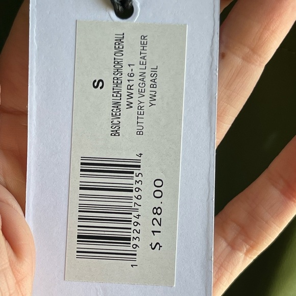 WEWOREWHAT NWT VEGAN GREEN LEATHER SHORT OVERALLS in BASIL - Picture 6 of 8